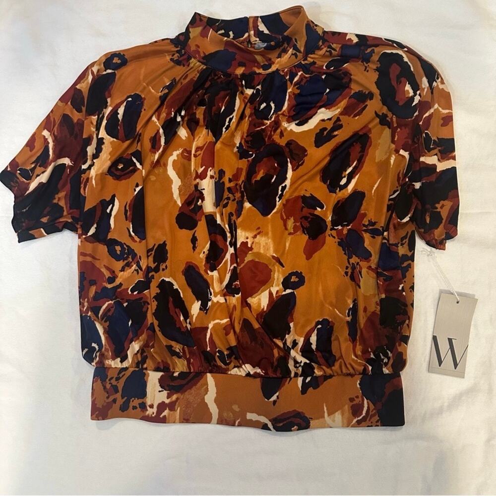 Worthington Satin Mock Neck Blouse Abstract Print Size Small NWT Fall Top - Picture 2 of 10